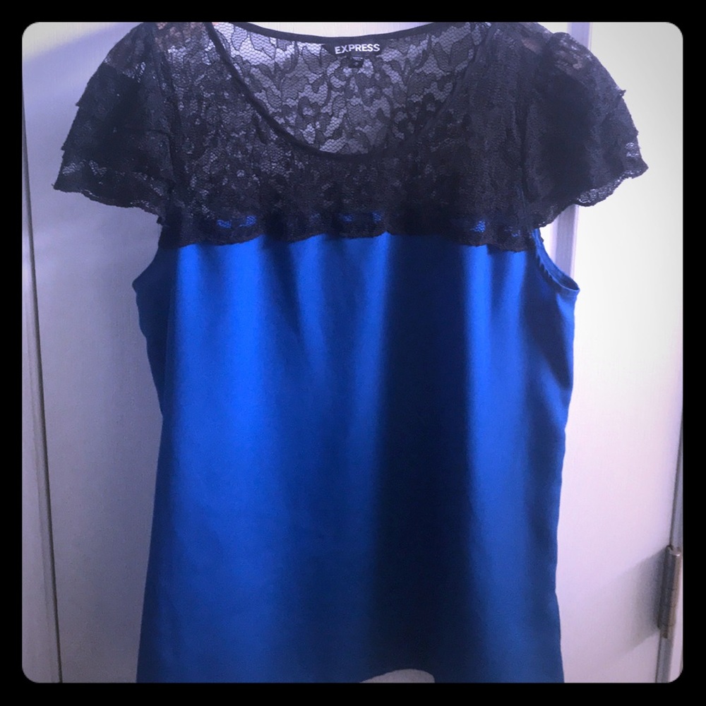 Express Blue and Black Lace Blouse